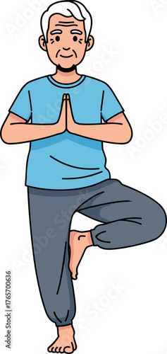Senior man doing yoga tree pose on one leg