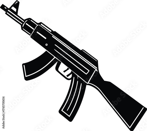a black silhouette of a ak47 on a white background, black, drawing, gun, silhouette Isometric modern ak47 rifle with wood detailing and metallic finish