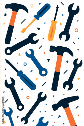 Seamless pattern of hand tools including hammers, wrenches, and screwdrivers for construction and repair work