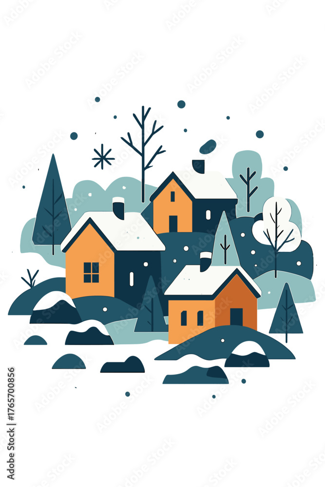 Naklejka premium Cozy winter village landscape with snow covered houses and evergreen trees