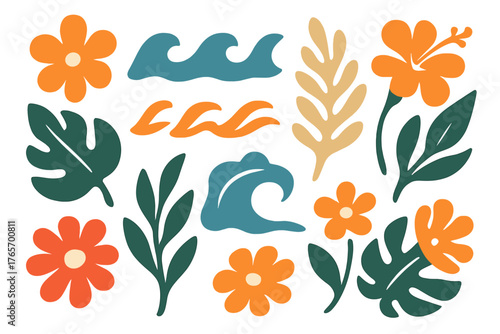 Stylized tropical flowers and ocean waves set in a retro bohemian flat design aesthetic