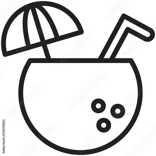 Coconut cocktail, minimalist design: A refreshing coconut cocktail, adorned with an umbrella and a straw, epitomizes tropical tranquility and summer fun.