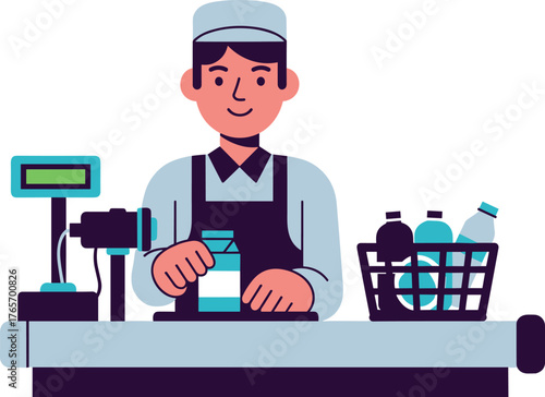 Cashier with dairy products at checkout counter
