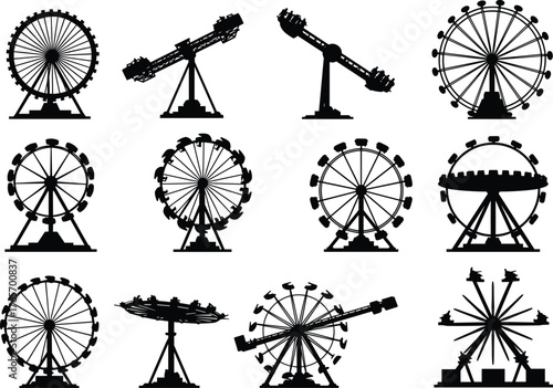 Amusement park ride silhouettes, Ferris wheel, swing ride, pendulum attraction, black vector set, entertainment theme, isolated white background, grid layout, front side views
