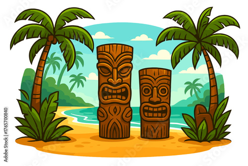 Pair of carved wooden Tiki idols on a sandy tropical beach with vibrant palm trees and blue ocean