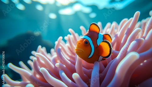 Cinematic underwater capture with soft focus and glowing sunlight.