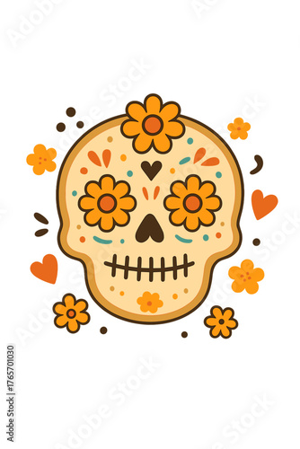 Vibrant sugar skull adorned with marigold flowers and traditional Mexican folk art patterns