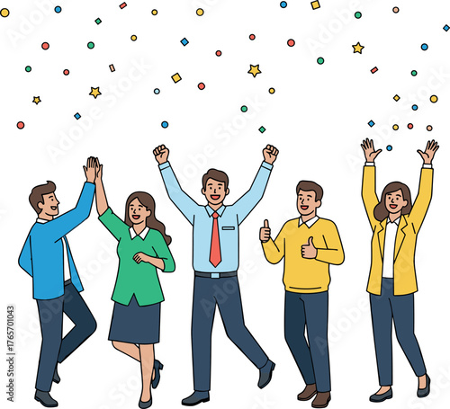 Team celebrating success with confetti and high fives