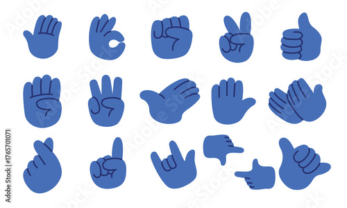 Set of blue hand gesture icons showing various signs and symbols including thumbs up, peace, ok, and counting fingers, modern flat vector illustration for communication, emoji, and social media