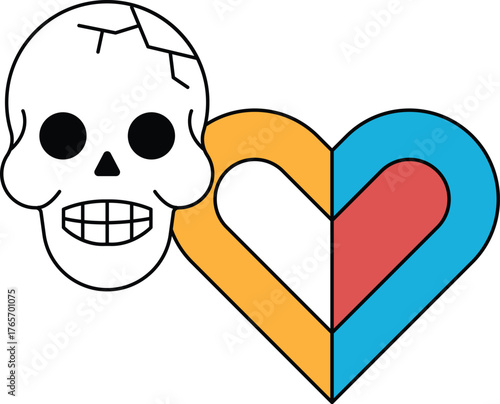 A skull and a heart are drawn on a white background