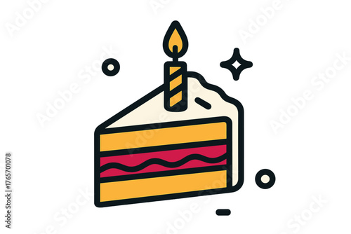 Slice of birthday cake with burning candle and creamy frosting for celebration