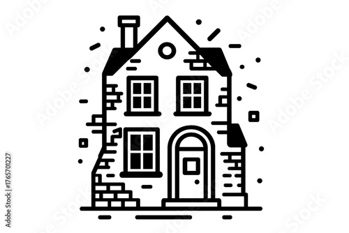 Distressed facade of an old residential building with a chimney and multiple windows