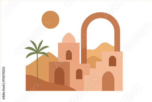 Minimalist desert landscape with traditional adobe architecture, palm tree, and sun in earthy tones