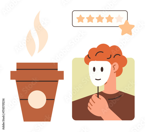 Steaming coffee cup, star rating panel with a highlighted star, person holding a mask. Ideal for identity, anonymity, review, quality, evaluation decision-making authenticity. Modern flat metaphor