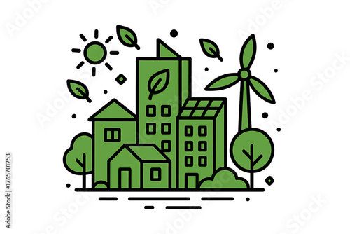 Sustainable green city skyline with renewable energy sources and eco-friendly buildings