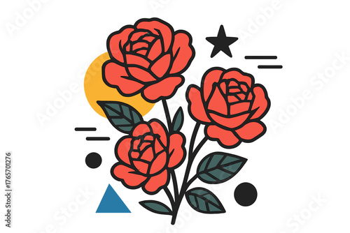 Stylized red roses bouquet with green leaves and abstract geometric shapes on white background