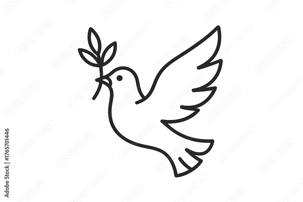 Fototapeta premium Minimalist black outline drawing of a flying peace dove with olive branch