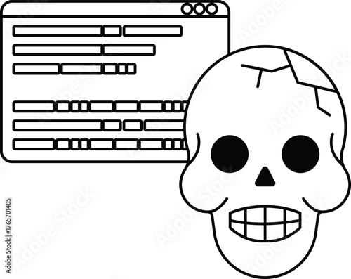 A skull is drawn next to a computer screen with a black and white background