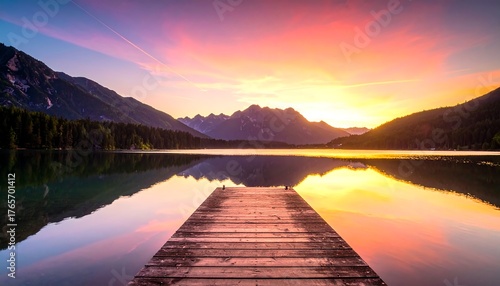 Dock stretches over reflective lake toward mountains, under a sunset colored sky