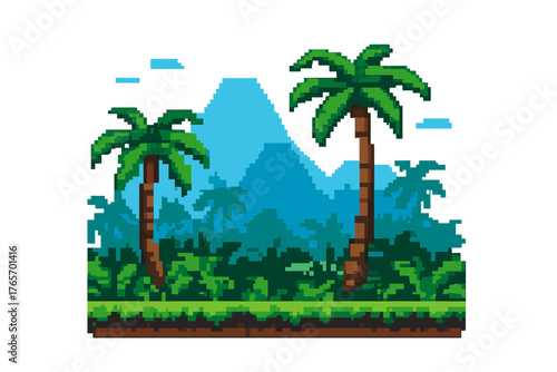 Pixel art tropical jungle landscape background featuring palm trees and distant mountains
