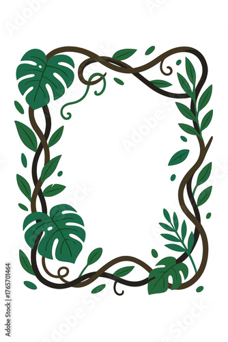 Decorative tropical jungle foliage frame border with monstera leaves and winding lianas