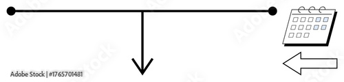 Balance scale with downward arrow, leftward-pointing arrow, and calendar. Ideal for time management, priorities, planning, decision-making, trade-offs deadlines minimalism. Simple flat metaphor