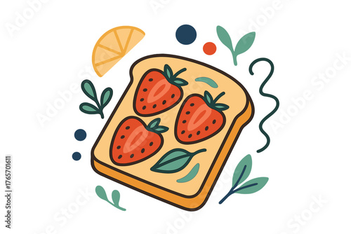 Breakfast toast slice garnished with strawberries, lemon wedge, and green leaves