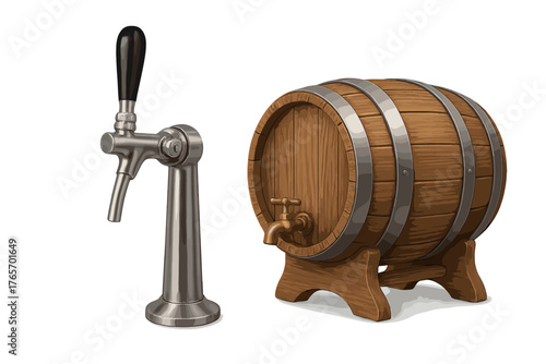 Classic wooden beer barrel and modern metallic draft beer dispensing tap