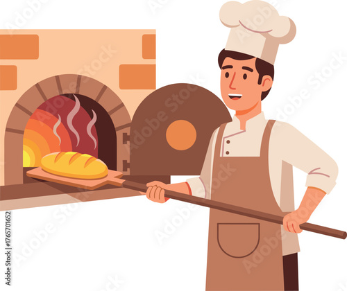 Baker removing fresh bread from a brick oven