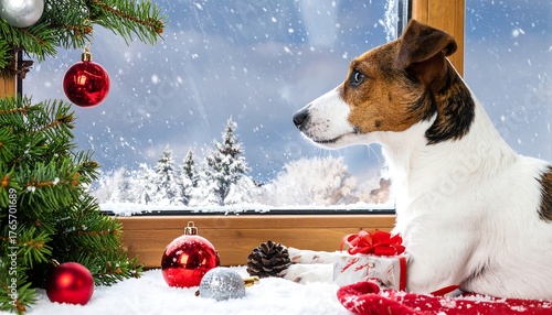Dog beside Christmas tree looks out snowy window. Presents sit on the windowsill