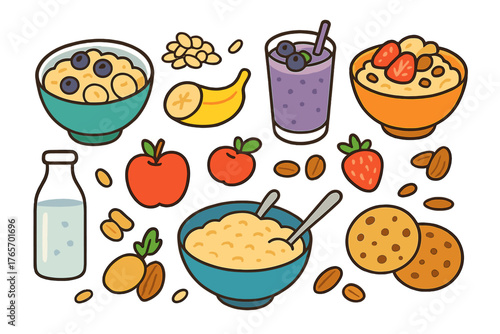 Variety of wholesome breakfast ingredients and prepared meals like porridge, fruit, nuts, and milk