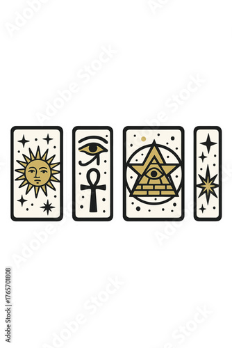 Mystical tarot card set featuring ancient symbols: Sun, Ankh, Eye of Horus, and All-Seeing Eye