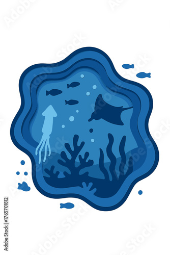 Abstract layered paper cut deep ocean environment with marine life and coral reef