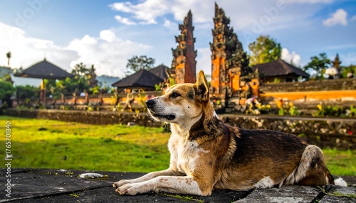 Dog lies calmly on stone with temple behind, lush grass & buildings blending into a soft, sunny, hazy sky