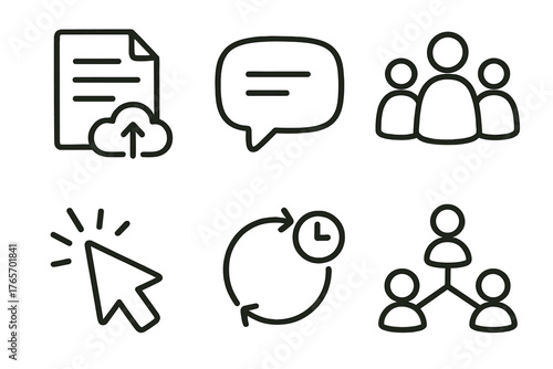 Online Collaboration Icons. Online Collaboration linear set: shared document, chat bubble, teamwork icons, cursor pointer, real-time update, connection line.