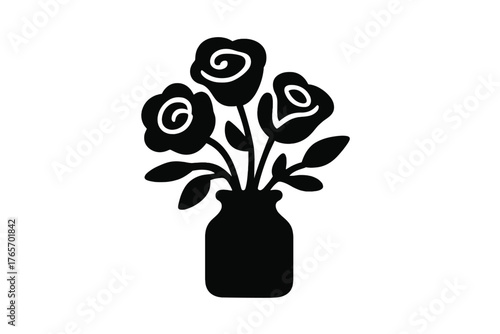 Three stylized roses in a simple vase black silhouette for elegant floral decoration or romantic design