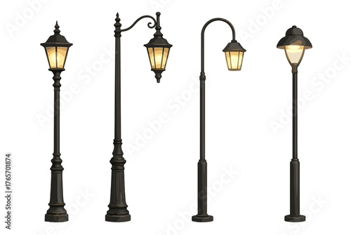 Collection of classic black metal street lamps and antique outdoor lighting posts