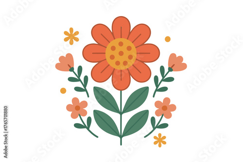 Symmetrical decorative floral arrangement with large orange flower and smaller pink blossoms in folk art style