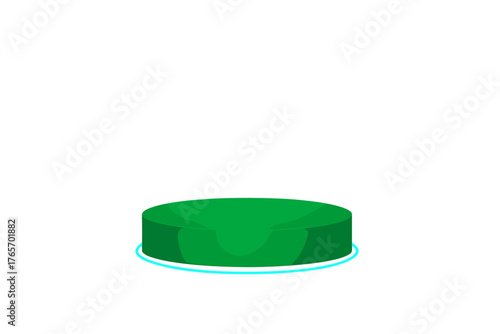 Bright green cylindrical product display podium with glowing blue neon light base on white background