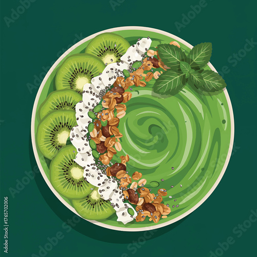 Illustration of a green smoothie bowl with kiwi slices, granola, and mint leaves on a dark green background.