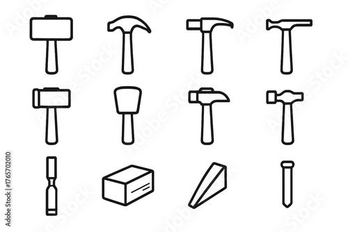 Woodworking Hammer Icons. Woodworking Hammers outline set: mallet, claw hammer, cross-peen hammer, tack hammer, dead blow, carving mallet, joiner’s hammer, plane adjusting hammer,