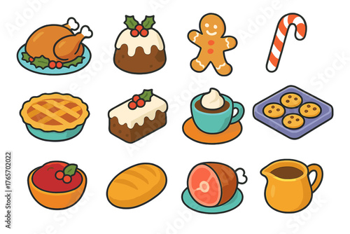 Festive Feast Icons. Christmas Food flat icons: turkey dinner, pudding, gingerbread man, candy cane, pie, fruitcake, cocoa cup, cookie tray, cranberry sauce, bread roll, ham, gravy