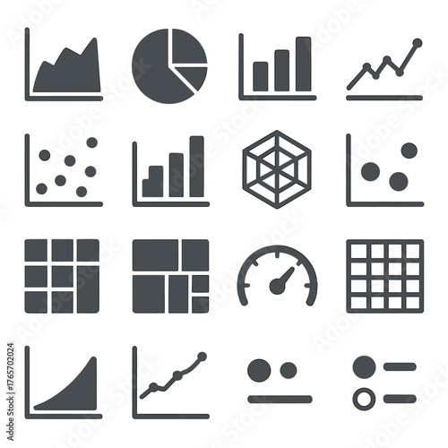 Data Visualization Icons. Area chart, pie chart, bar chart, line graph, scatter plot, histogram, radar chart, bubble chart, heatmap, tree map, gauge