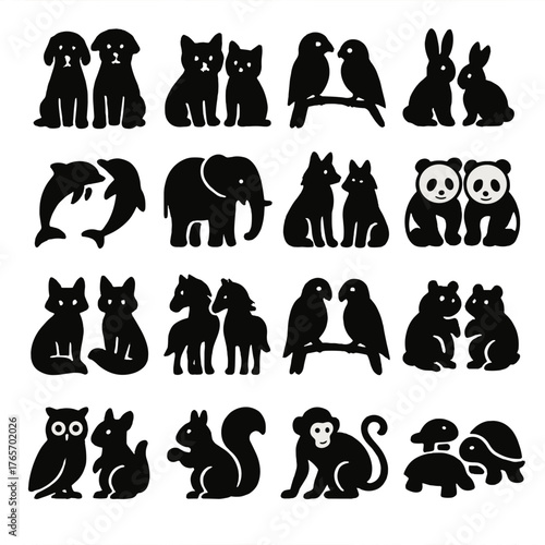 Animal Friends Silhouettes. Best Friend Animals icons in silhouette. Dog pair, cat duo, bird couple, bunny friends, dolphin pair, elephant twins