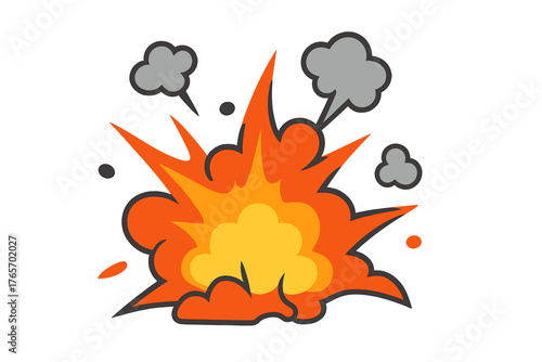 Comic book style fiery explosion blast with smoke clouds and debris on white background