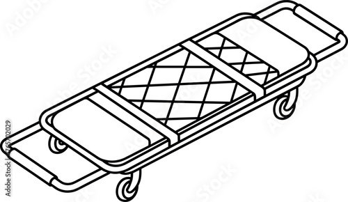 Line drawing of a medical stretcher with wheels
