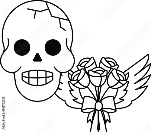 A skull with a bouquet of roses is drawn in black and white