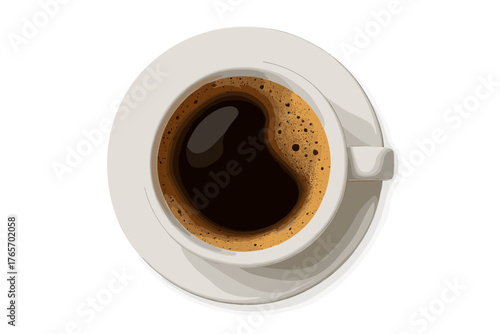 White ceramic cup filled with fresh black coffee and rich crema foam, seen from overhead perspective