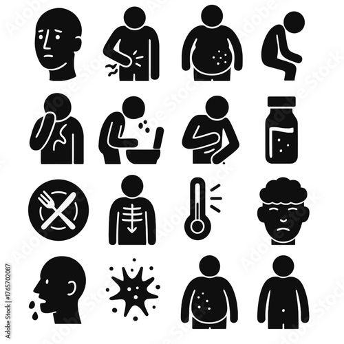 Liver Health Icons. Liver symptoms and warning signs icons in silhouette. Jaundice skin, abdominal pain, swelling, fatigue, nausea, vomiting, itching