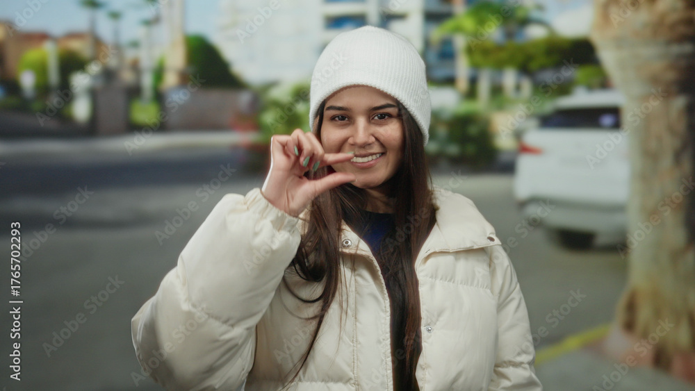 Fototapeta premium Woman smiling in winter jacket on street, gesturing small size with hand against blurred urban backdrop, showcasing her warm clothing and friendly demeanor outdoors during daytime.